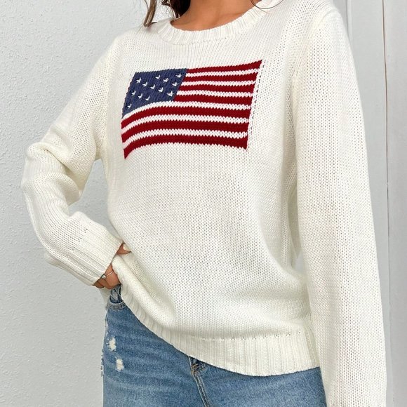 White Casual Womens Flag Pattern Sweater - Picture 2 of 5